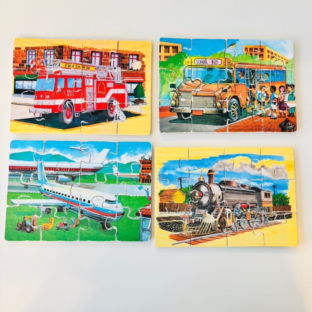 Vintage Kids Colorful Vehicle Wood Jigsaw Puzzle Set of 4, 5”x7”